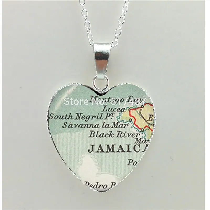 

2017 New Jamaica Map Heart Necklace Montego Bay Pendant Glass Heart Jewelry Silver Heart Necklace HZ3