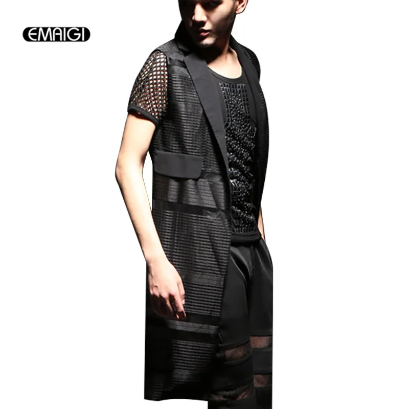 

Men Summer Vest Hollow Mesh splice long Suit Vest Male Fashion Stage Show Sleeveless Waistcoats Vest Coat K850
