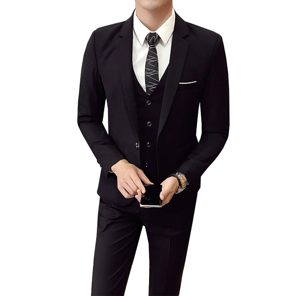 SUNyongsh Men’s Fashion Suit Slim 3-Piece Suit Blazer Business Korean Wedding Party Suitable Jacket Vest Pants 