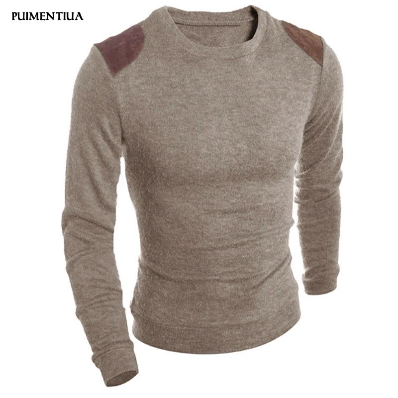 

Puimentiua 2019 New Fashion Men's Casual Solid Sweater Patchwork knitted Wear Crew neck Slim fit Long sleeves Pullovers Males