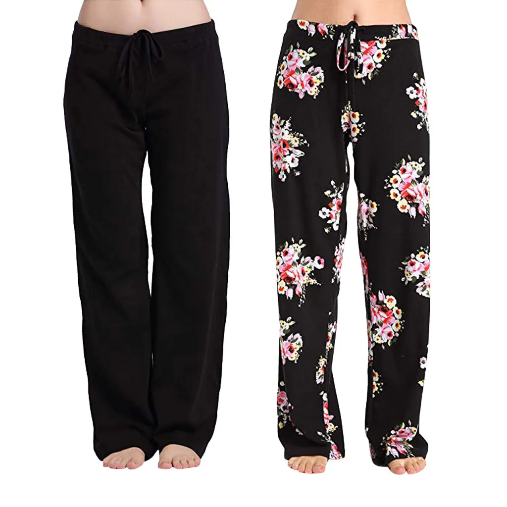 

2PCS Women Cotton Pajama Pants Print Long Pant Autumn Mid Waist Trousers House Sleep Capris Drawstring Pantalones Cotton Loose