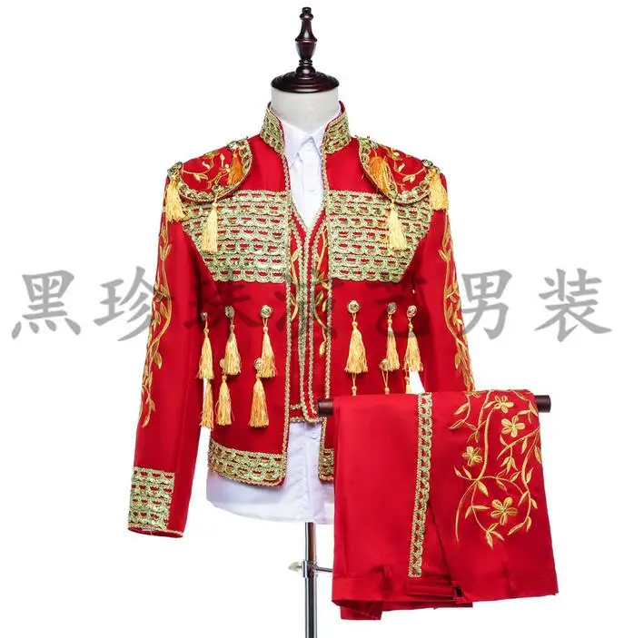 

National Trend Stand Collar Embroidery Chinese Tunic Suit Men Suits Designs Costumes For Singers Men Formal Dress Red Fashion