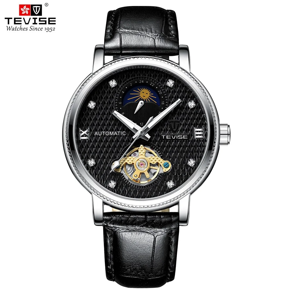 

TEVISE T612 Business Men Automatic Mechanical Watch Time Moon Phase Display Luminous Hands Leather Waterproof Male Wristwatch