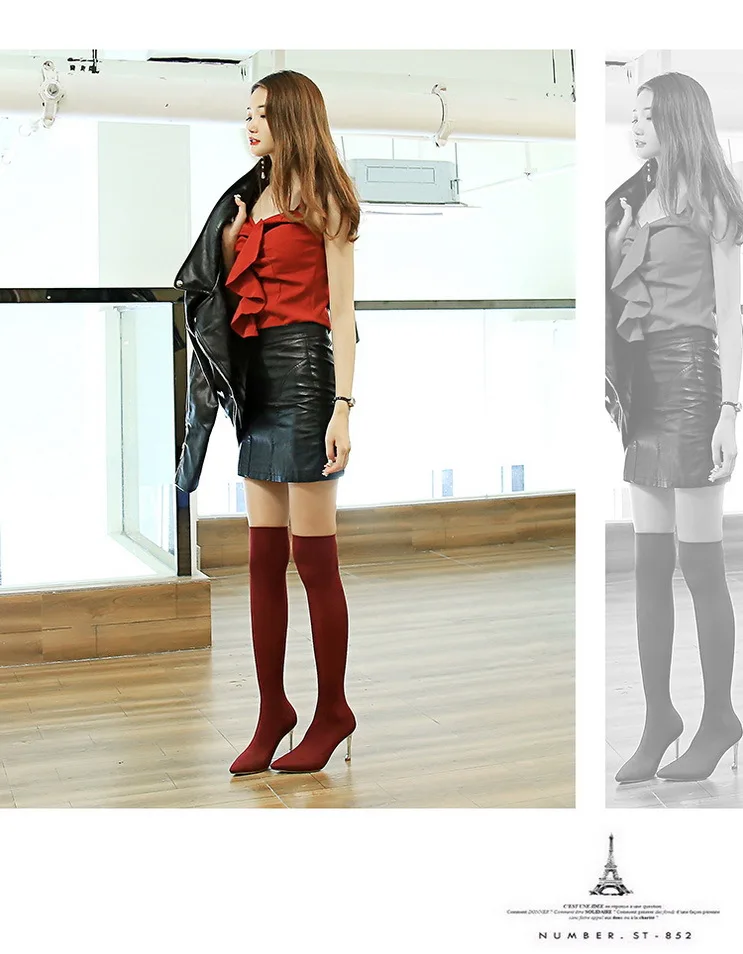Новое поступление; модные высокие эластичные сапоги в европейском стиле; сапоги на высоком металлическом каблуке; пикантные узкие сетчатые сапоги до колена с острым носком; G1760-1