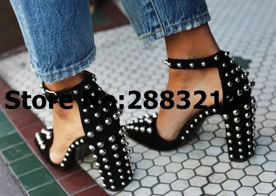 

Black Suede Pointed Toe Studs Sexy Women High Heels Ankle Wrap Buckle Strap Chunky Heels Pumps Shoes Newest Party Dress Sandals