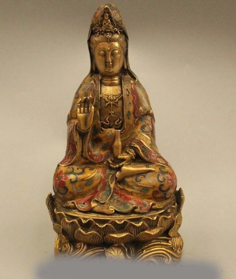 

9" Chinese Buddhism Cloisonne Bronze Gild Seat Kwan-yin Guan Yin Vase Statue