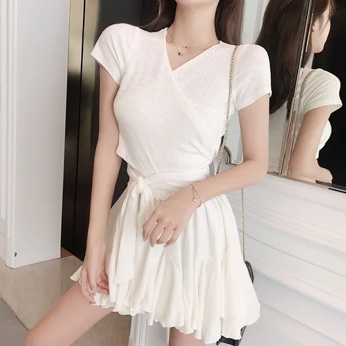 

White Short Sleeve Knit Slim Tops High Waist Skirts 2 Set Woman Drawstring V-neck Pleated Women's Sets Korean Two Piece Set