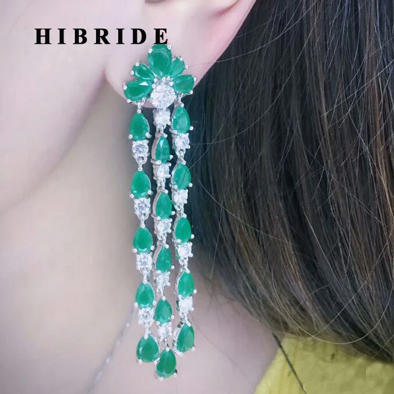 Модные женские серьги HIBRIDE с зелеными каплевидными фианитами в бразильском стиле