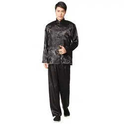 Черный китайский традиционный Для мужчин атласная кунг-фу костюм Винтаж вышивкой дракона тай-чи ушу форма Костюмы размеры s m l xl XXL MS006