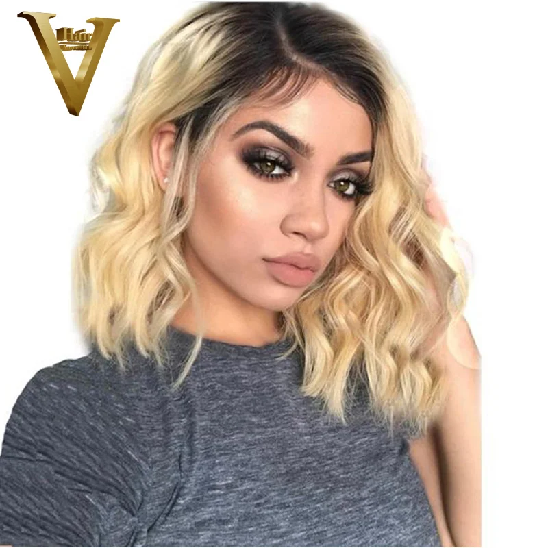 

Short Bob Lace Front Human Hair Wigs Wavy #1B/613 Ombre Blonde Bob Wigs Peruvian Remy Pre Plucked Bleached Knots For Women Ali V