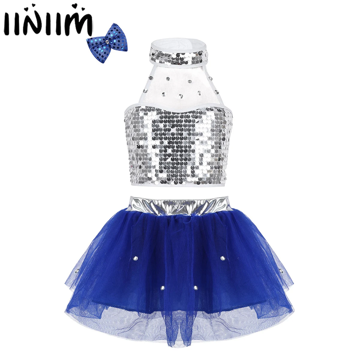 

iiniim Kids Girls Jazz Hip Hop Modern Dance Class Costumes Sequins Top with Rhinestone Mesh Tutu Skirt Hair Clip Dancewear Set