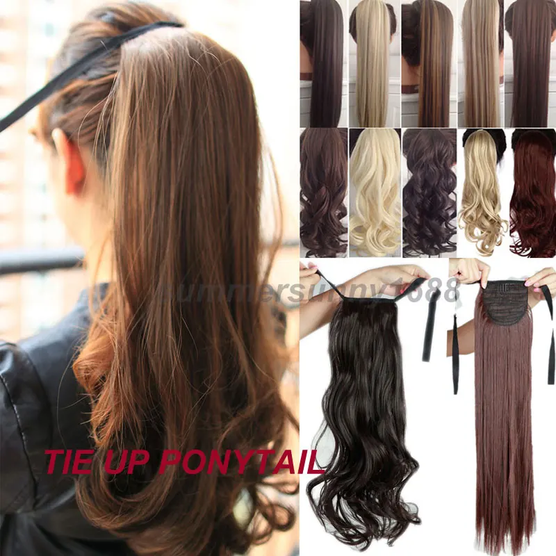 S-noilite Long Wavy Ponytail Synthetic Hair Clip in Hair Extension Natural Hair Pieces Ribbon Wrap Around Black Brown