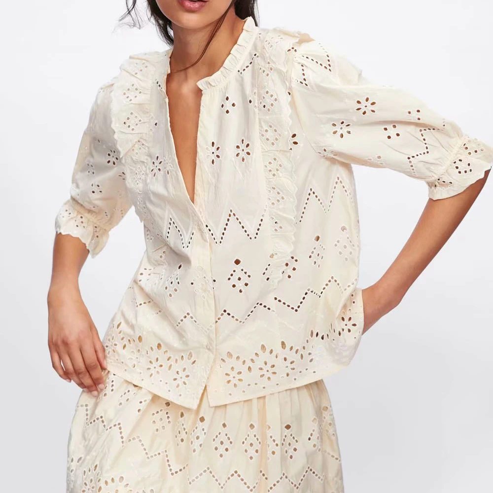 

2019 Women's openwork cotton lace hollow out Shirts ruffles beige causal blouese for girls