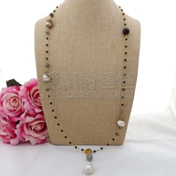 

N091209 30'' White Keshi Pearl Labradorite Onyx CZ Pendant Necklace