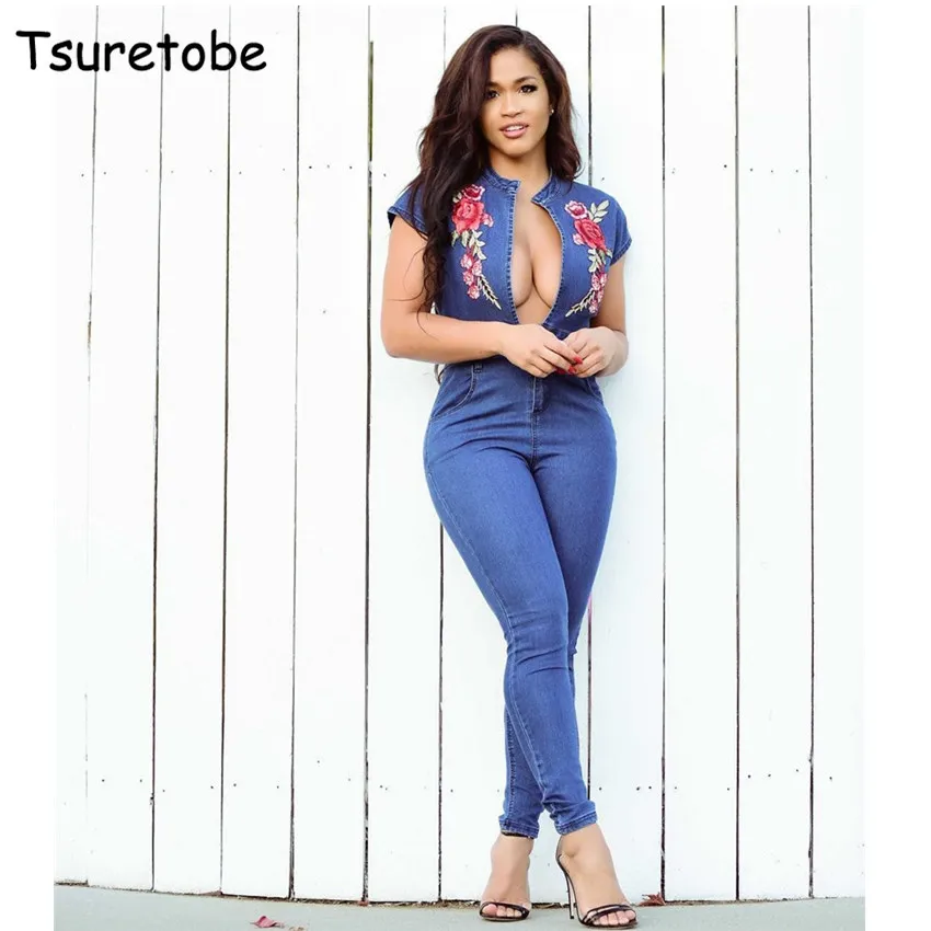 

Tsuretobe New Blue Bodycon Embroidery Denim Jumpsuit Women Deep V Neck Vintage Overalls Half Sleeve Elegant Jumpsuit Female