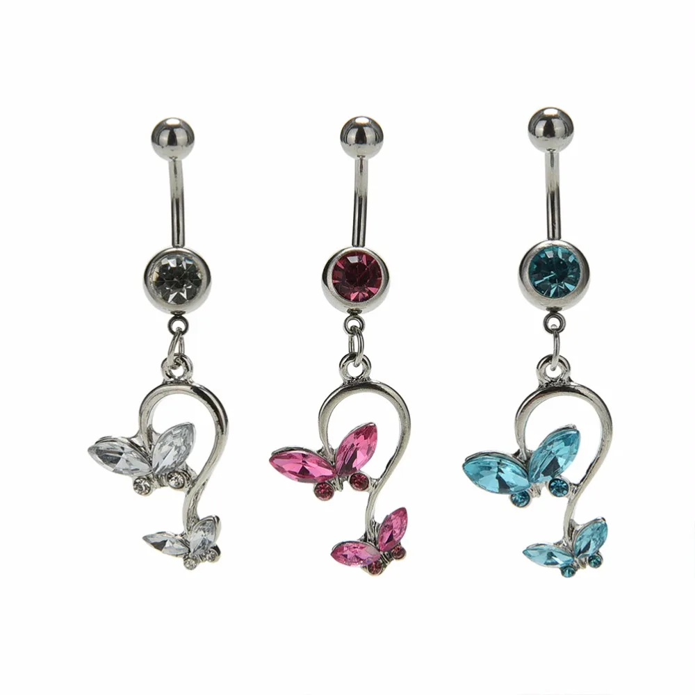 New 1PCS Body Piercing Jewelry Women Bar Belly Navel Ring Butterfly Dangle Pendant Ball Button Barbell For Women Jewelry