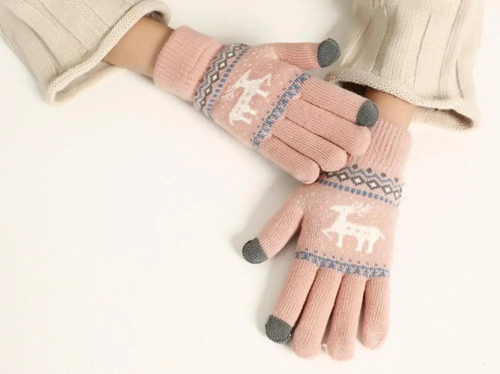 Теплые женские зимние перчатки, шерстяные вязаные наручные перчатки для женщин и мужчин, с рисунком, полный палец, перчатки унисекс, варежки - Цвет: Pink