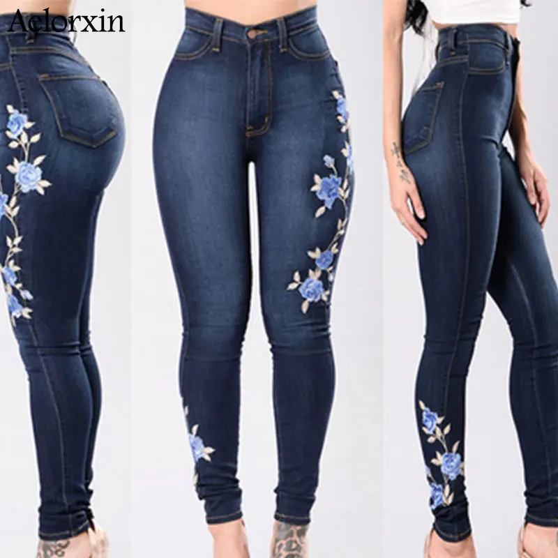 

2019 Jeans for Women Embroidery High Waist Jeans Woman Blue Denim Pencil Pants Stretch Waist Trousers for Women High Waist Jeans