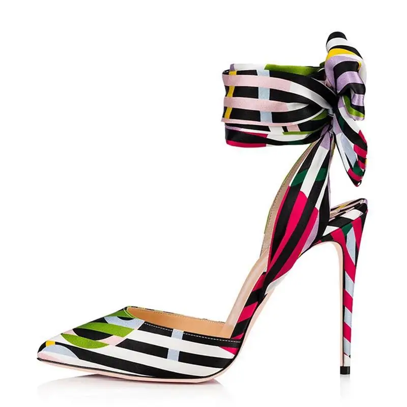 

2019 Newest Design Fabric Upper Colorful Striped Belt Women Sandals Customized Heels Height Sexy Dress Shoes