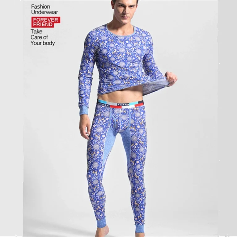 1 комплект мужской модный брендовый пижамный комплект с круглым вырезом зимнее термобелье с принтом теплые хлопковые кальсоны для мужчин Топ+ брюки - Цвет: Синий