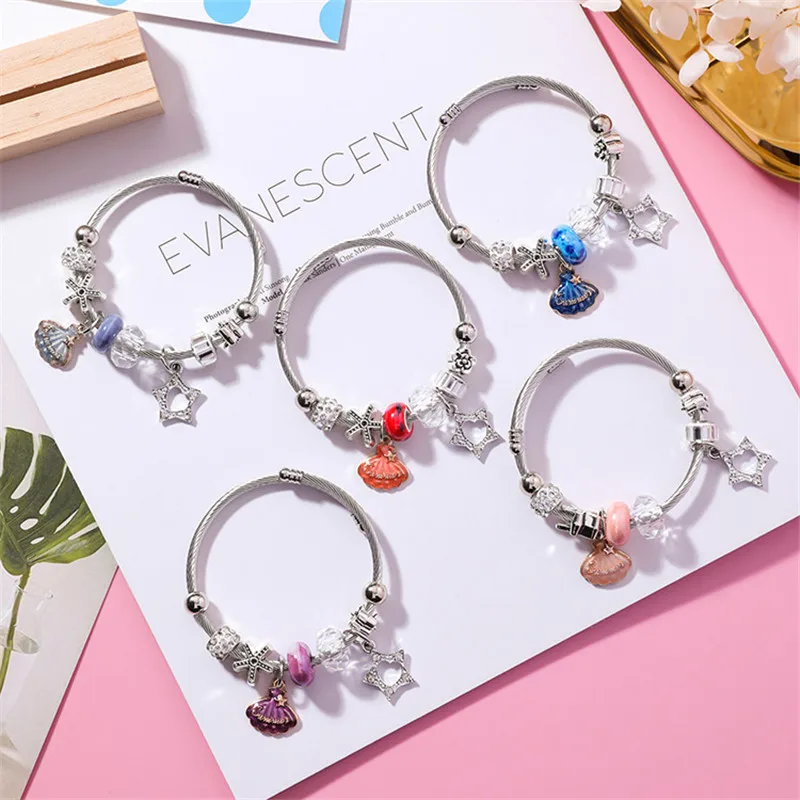 

hot 2018 new style fashion alloy bracelet Shell Pentagram pattern Pendant Elastic Bracelet DIY Ladies' Bracelet birthday gift