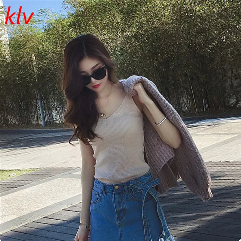 

KLV New Knit Tank Tops Women's Vest Simple Stretchable Ladies V Neck Plain Camisole Double Slim Sling Short Tank WY0035