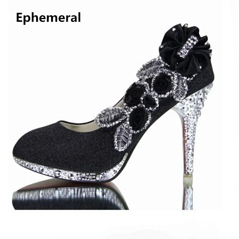

Ladies 3.1" Sexy Round toe Cover heel rhinestone flower Western high heel wedding party cinderella shoes women pumps big size 41