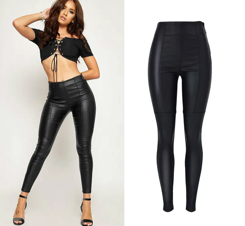 LOGAMI черные женские брюки из искусственной кожи с высокой талией, женские брюки из искусственной кожи, мото и байкерские брюки-карандаш
