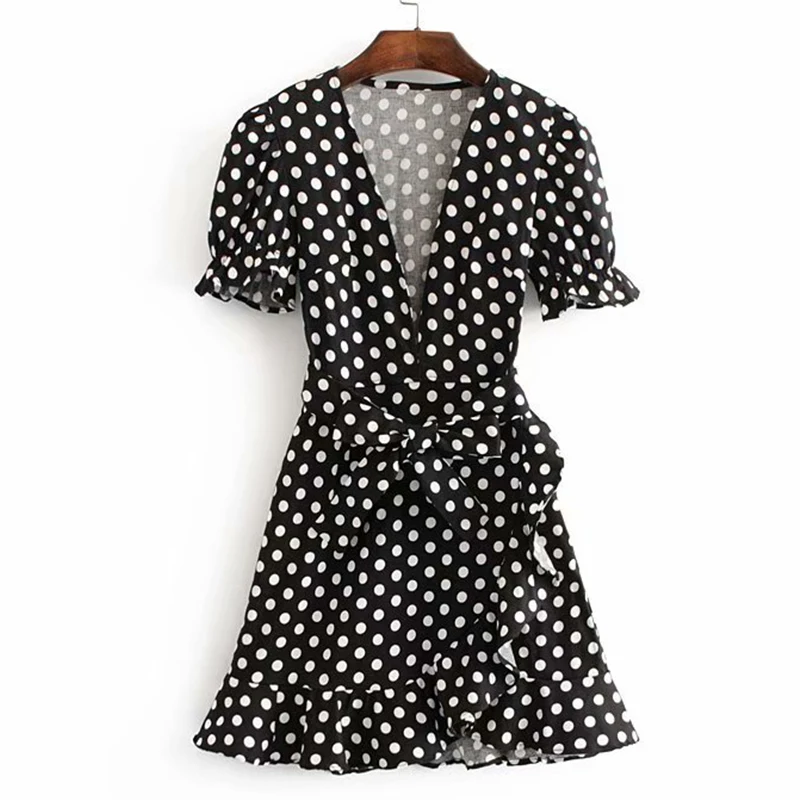Women's Clothing Dress 2019 Cotton Dotted V-Neck Puff Sleeve Washed Court Dress Ms Summer Street Sexy Temperament Clothing