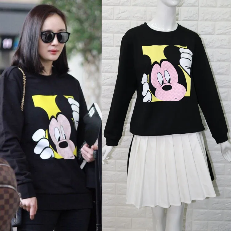 

Yang Mi star with the same sweater female Mickey Mouse printing long-sleeved round neck loose wild shirt tide