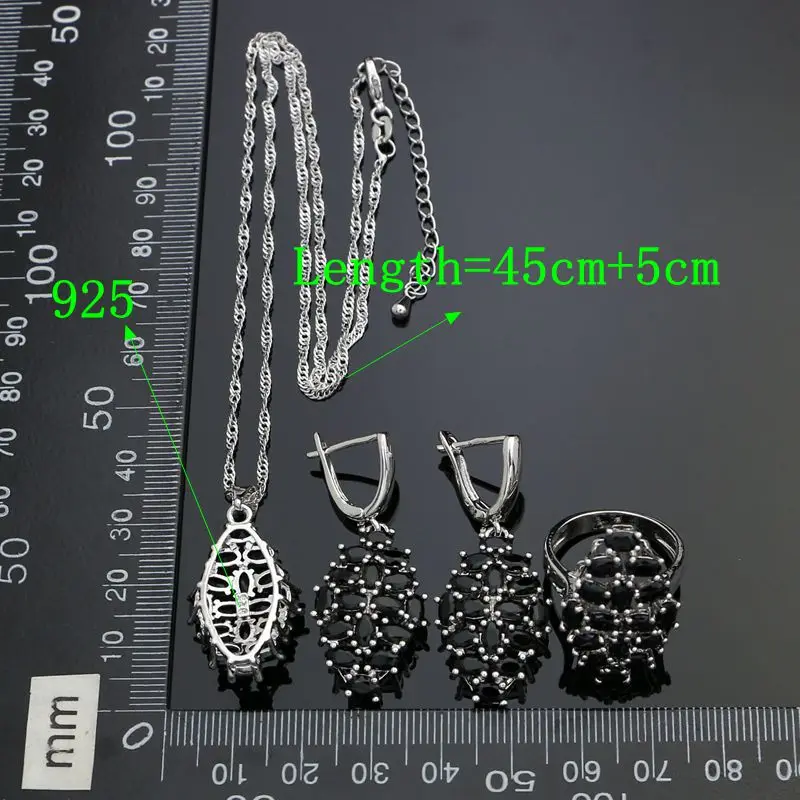 925 пробы, серебряные ювелирные наборы в стиле панк для женщин, вечерние аксессуары, серьги/кулон/ожерелье/Кольцо/браслет с черным кубическим цирконием