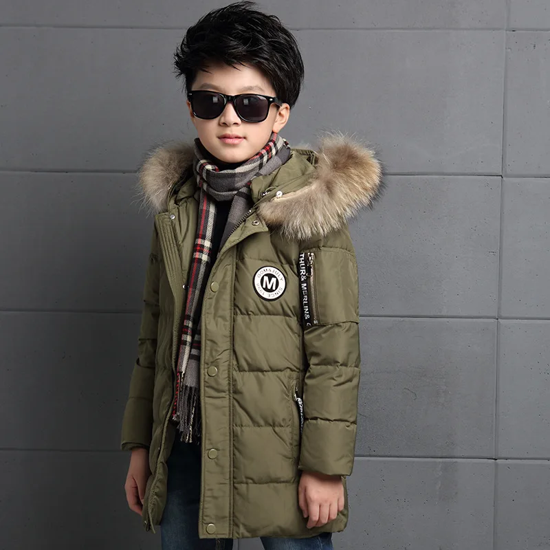 От 6 до 12 лет, модная зимняя куртка-пуховик для мальчиков, Утепленные зимние парки с меховым капюшоном для детей, детская верхняя одежда