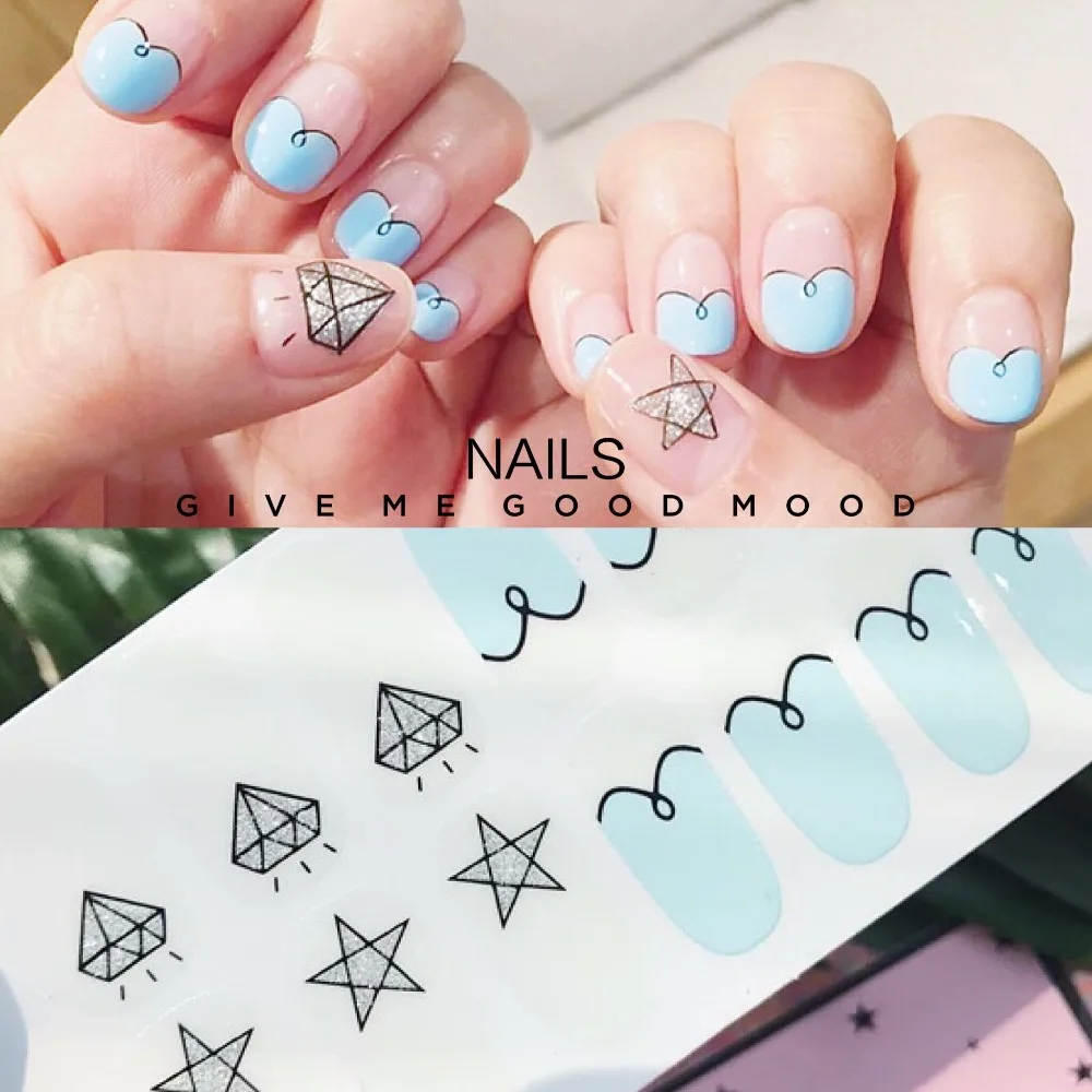 

2 sets/pack High quality diamond and blue cloud pattern nail stickers Super cute pure color nail oil film 14pcs/set Japanese