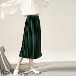 Осень-зима модная юбка Высокая Талия бархат юбка в складку Для женщин однотонный комплект с эластичной резинкой на талии юбка Женский