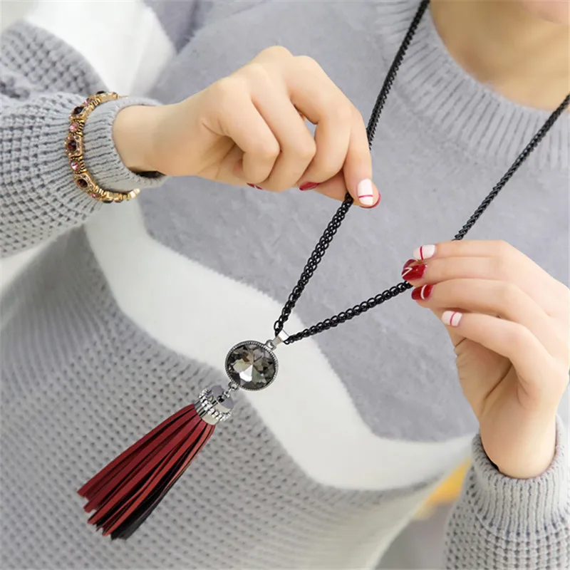 Brand New Leather Long Tassel Pendant Necklaces for Women Black Chains Acrylic Stone Locket Necklace Collar Fashion Jewelry