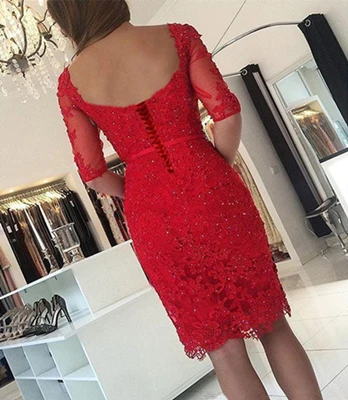 Красивые короткие рукава с кружевной аппликацией Короткие вечерние платья вечерние платья с коротким рукавом на молнии сзади robe de soiree - Цвет: red