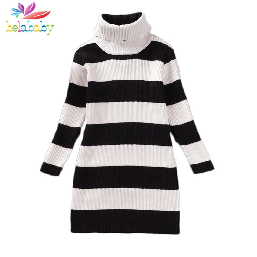 

Belababy Baby Girl Knitted Sweater Dress Casual Stripe Kids Dresses 2018 Autumn Girls Long Sleeves Turtleneck Sweater Dress