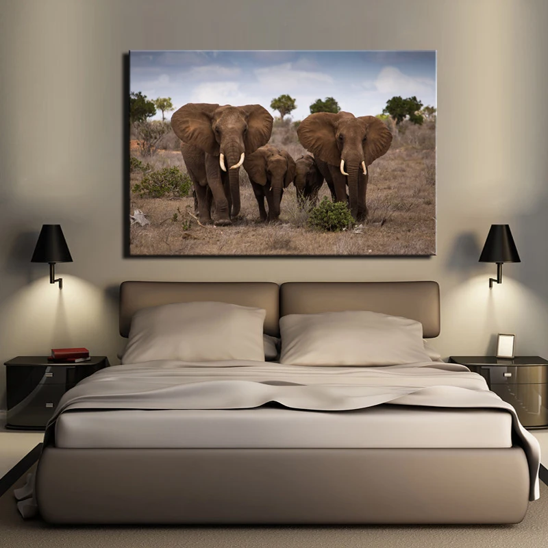 

The African Grassland Landscape Posters and Prints Wall Art Canvas Painting Wall Decoration The Family of Elephants Pictures