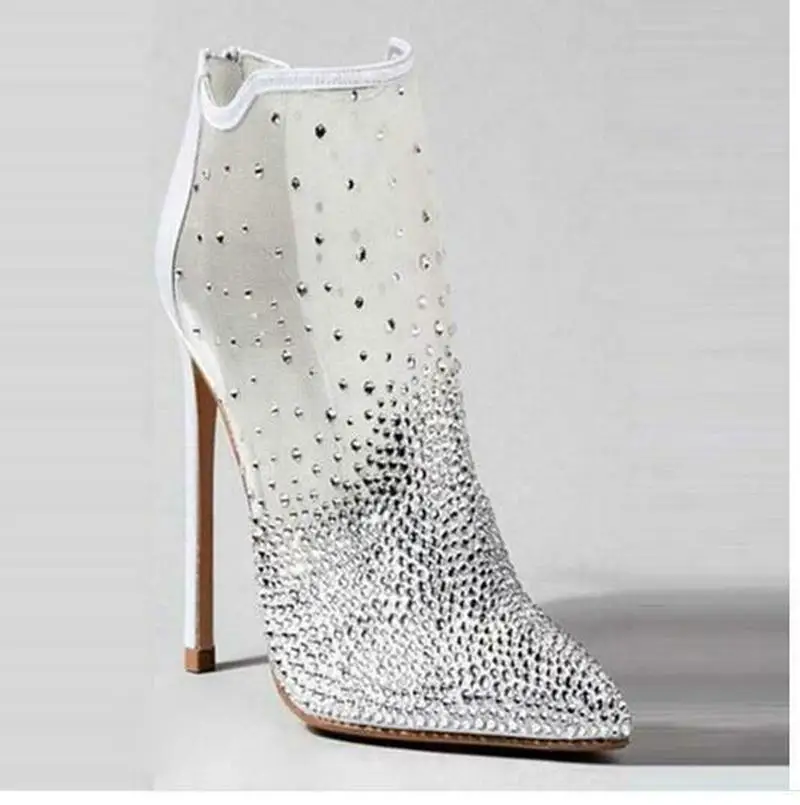 

US4-11 Women's Mesh Breathable Rhinestones Cyrstal Casual Ankle Boots Stilettos High Heel Breathable Wedding Shoes Plus Sz A909