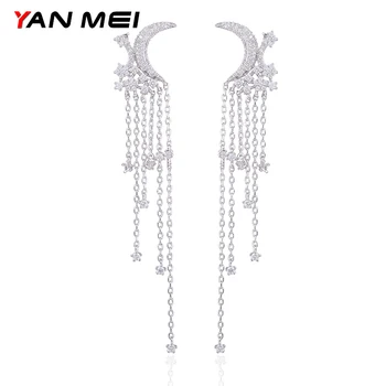 

YAN MEI Women 2017 Moon Tassel White Gold Color AAA CZ Dangle Earrings Luxury Jewelry GLE6443Y