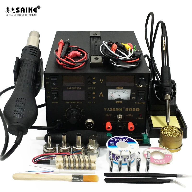 Паяльная станция 3 в 1 SAIKE 909D с термофеном паяльная Регулируемый источник питания