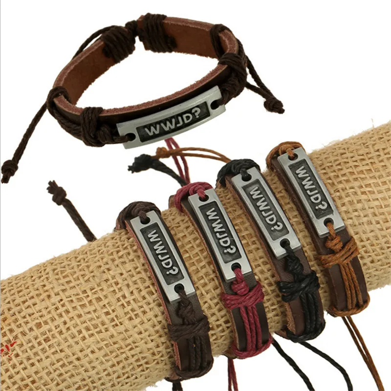 What Would Jesus Do (WWJD) Charm Genuine Leather Letter Bracelet Cuff