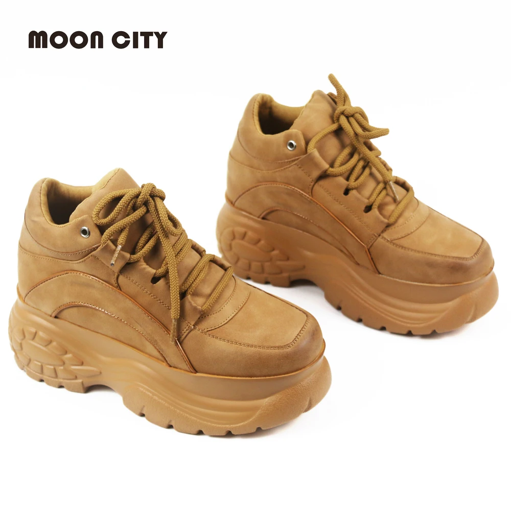 Kaufen 2019 marke Rosa Plattform Turnschuhe Frühling Herbst Dame Kausalen Turnschuhe Frau Leder Plattform Schuhe Kamel Mode Sport Schuhe