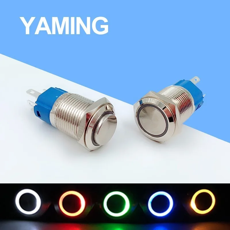 

16mm Metal Annular Push Button Switch Ring LED 5-380V Self-lock Momentary/Latching Waterproof Auto Engine car door switch