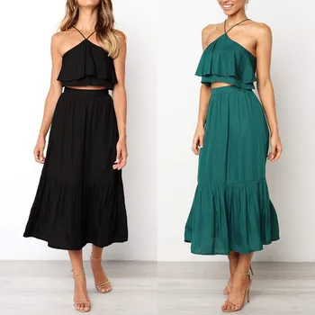 

Summer Fashion Sling Wrapped Chest Backless Female 2 Piece Street Hipster Sleeveless Wrapped Chest Chiffon Shirt and Skirt