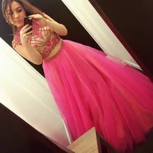Sexy Zwei 2 Stücke A-line Perlen Tüll Prom Kleider High Neck Prickelnde Mädchen Fuchsia Formales Abendkleider Couture Nach Maß