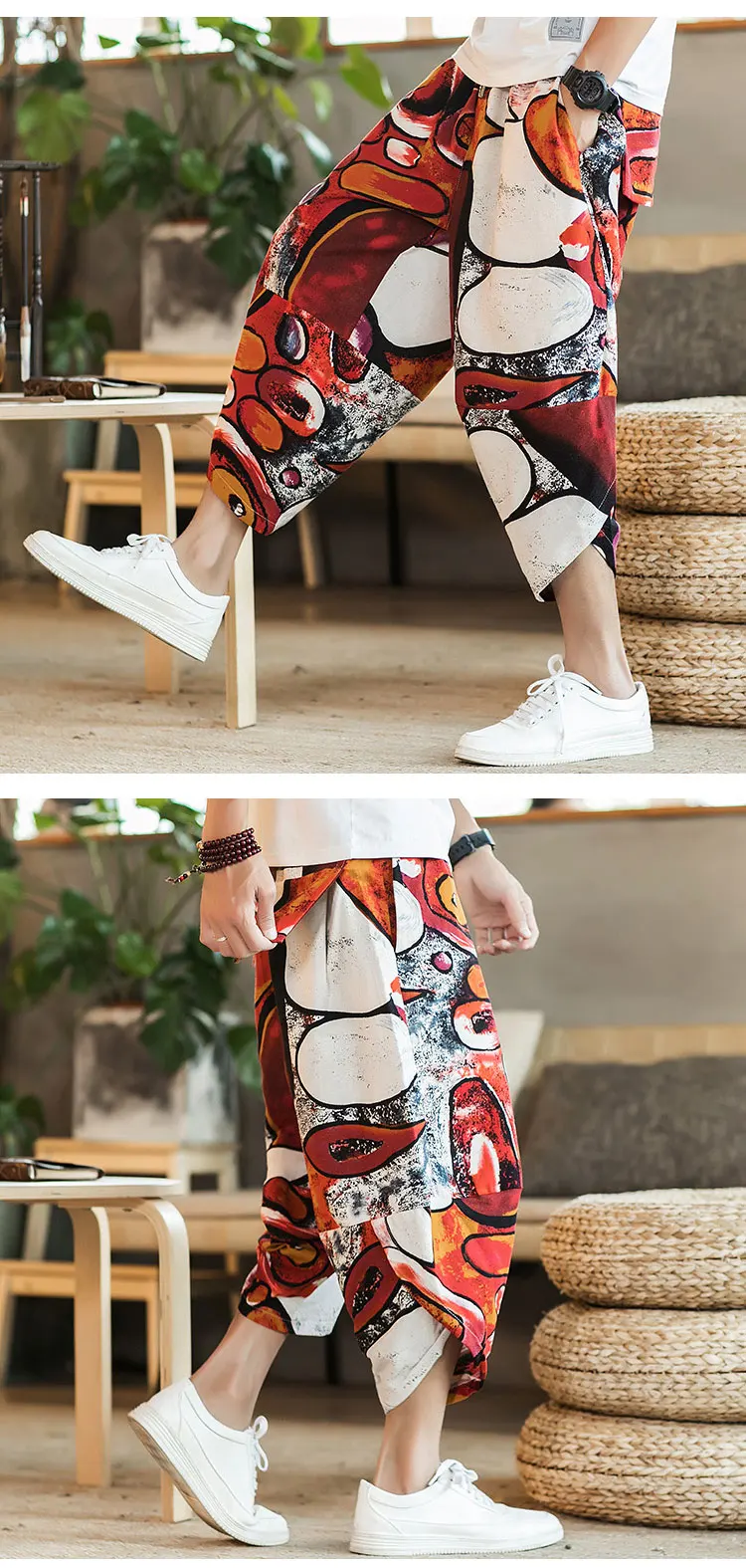 AreMoMuWha/2019, летние льняной с принтом в китайском стиле, Мужские штаны-шаровары, свободные широкие брюки, большие размеры, Мужские Пляжные