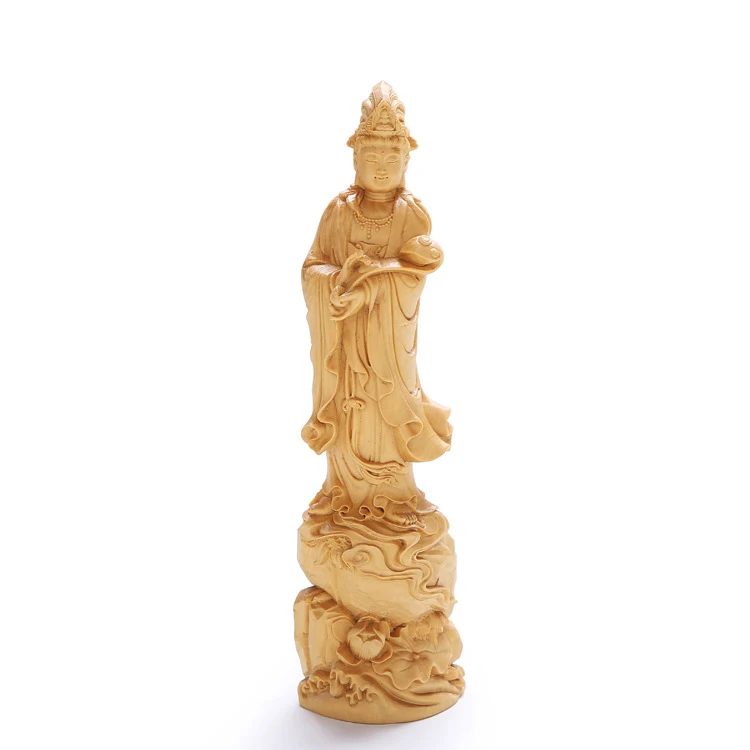 

Boxwood statue of Guanyin holy buddha statue, box solid carving wall decoration crafts Home car decorations