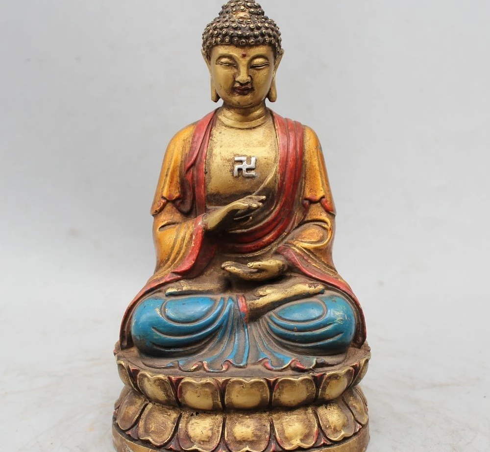 

9" Tibet Buddhism Bronze Painting Sakyamuni Shakyamuni Amitabha Buddha Statue