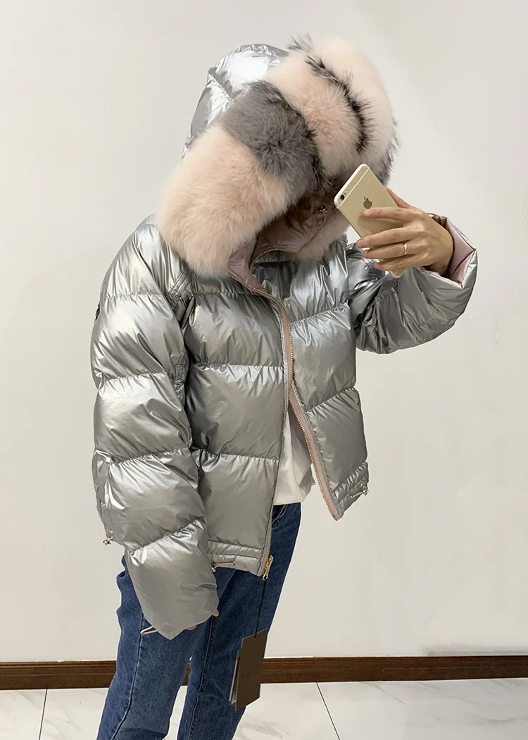 Большая зимняя куртка с искусственным натуральным лисьим мехом, новое двухстороннее водонепроницаемое пальто, женские пуховики, пальто с капюшоном, белая куртка-пуховик на утином пуху